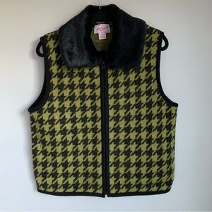 Ronnie Salloway Green Black Houndstooth 100% Wool Zippered Vest with Fur Collar